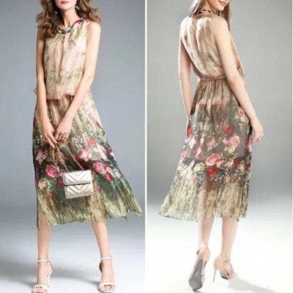 Queen Mulock Dresses & Skirts - NWT Queen Mulock Silk Chiffon Floral Blouson Midi Dress Cream Pink Green Small